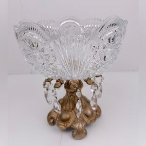 Vintage Crystal & Brass Large Ornate Round  Pedestal Cut Glass Compote Decor